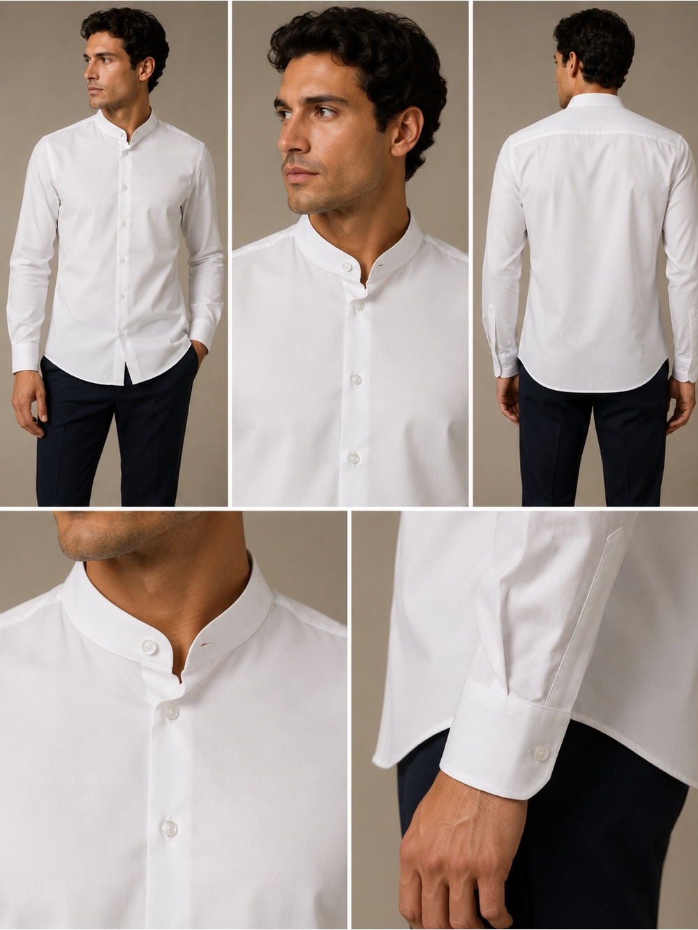 NO LABEL - White Mandarin Collar Men's Shirt - Classic Slim Fit